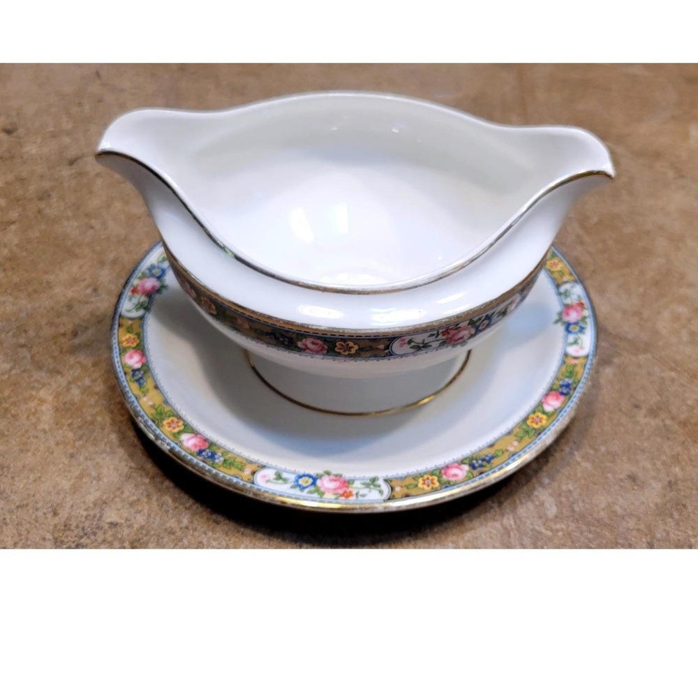 Antique Porcelain Gravy Boat with Saucer‎ Floral Gold Trim